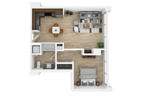 Floor plan for 1 bed, 1 bath, 653 sqft